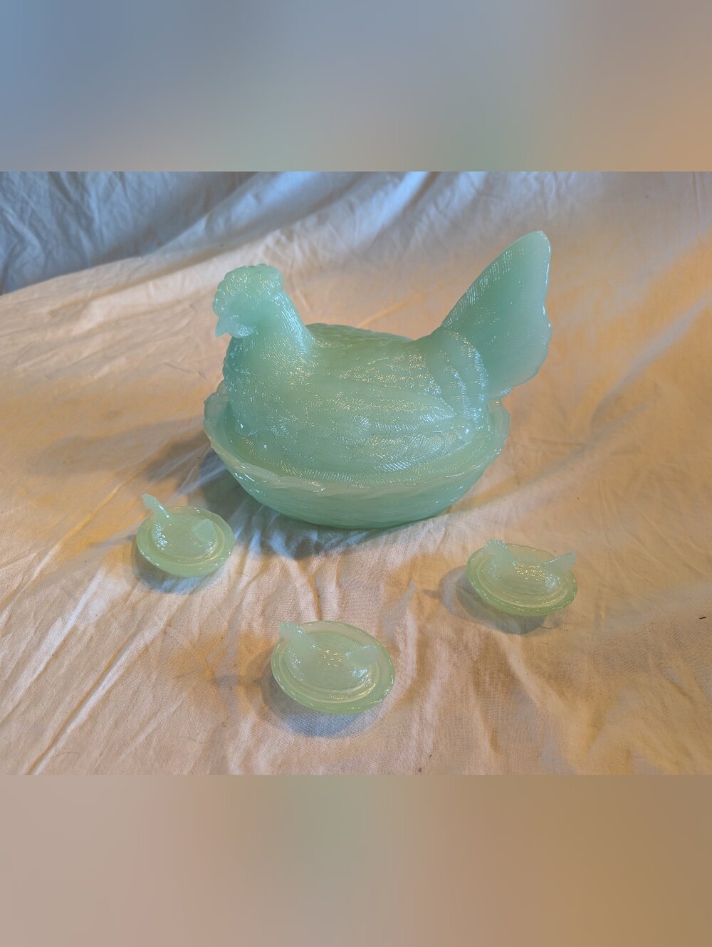 Westmoreland jadeite/Pale Green Glass Hen on Nest Candy Dish with mini salt hen